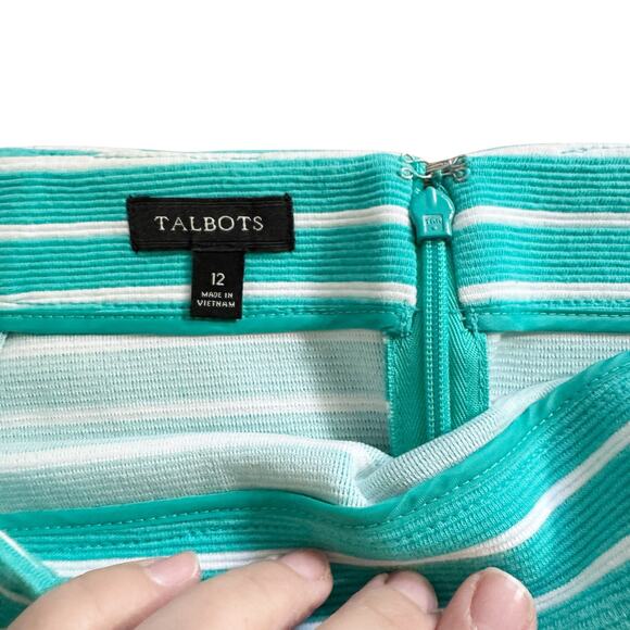 Talbots Turquoise White Striped Stretchy Pencil Skirt Coastal Beach Size 12 - Picture 2 of 8